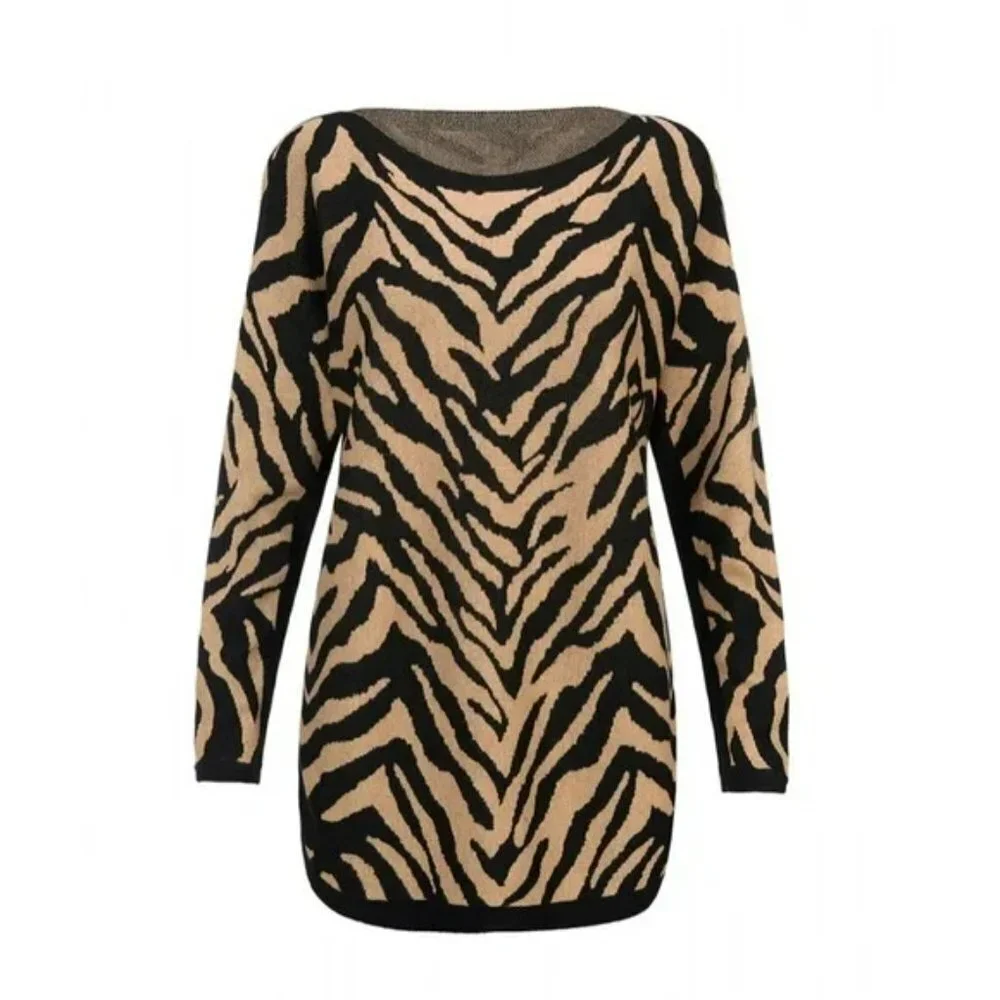 CAbi Dani Pullover #3884 Brown Black Zebra Dazzle Stripe Size M EUC
